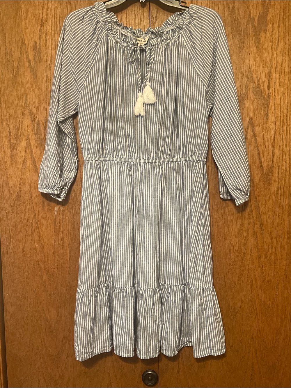 Blue Stripe Peasant Dress with Tassel Tie